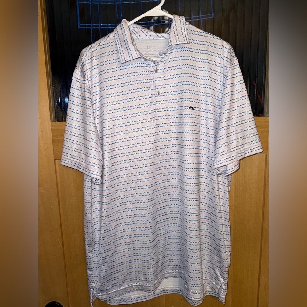 Vineyard Vines Shirt Mens Extra  White Striped Waves Short Sleeve Polo L Golf